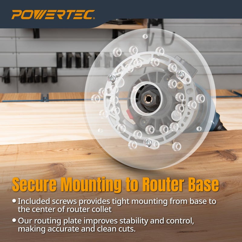 POWERTEC Router Base Plate Acrylic 5-3/4"" w/Screws & Predrilled Holes for Trim & Plunge Routers, Clear Guide Bushing Router Plate, Fits Listed Models Bosch, DeWalt, Makita, Porter Cable & More - 71381 - Image 3